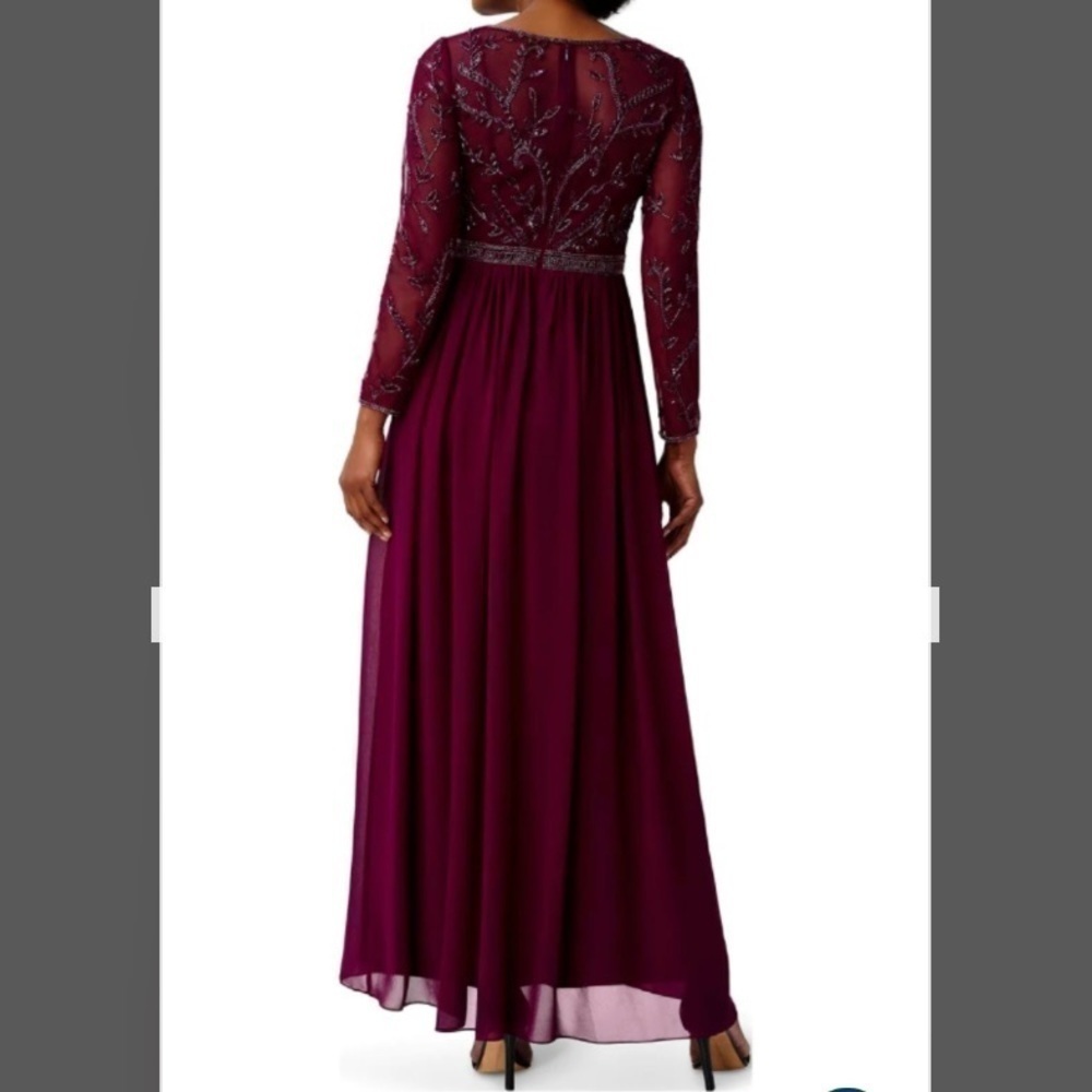 ADRIANNA PAPELL Illusion V-neck Long Sleeve Beaded Chiffon Gown in Bordeaux Sz 4 - Picture 5 of 6